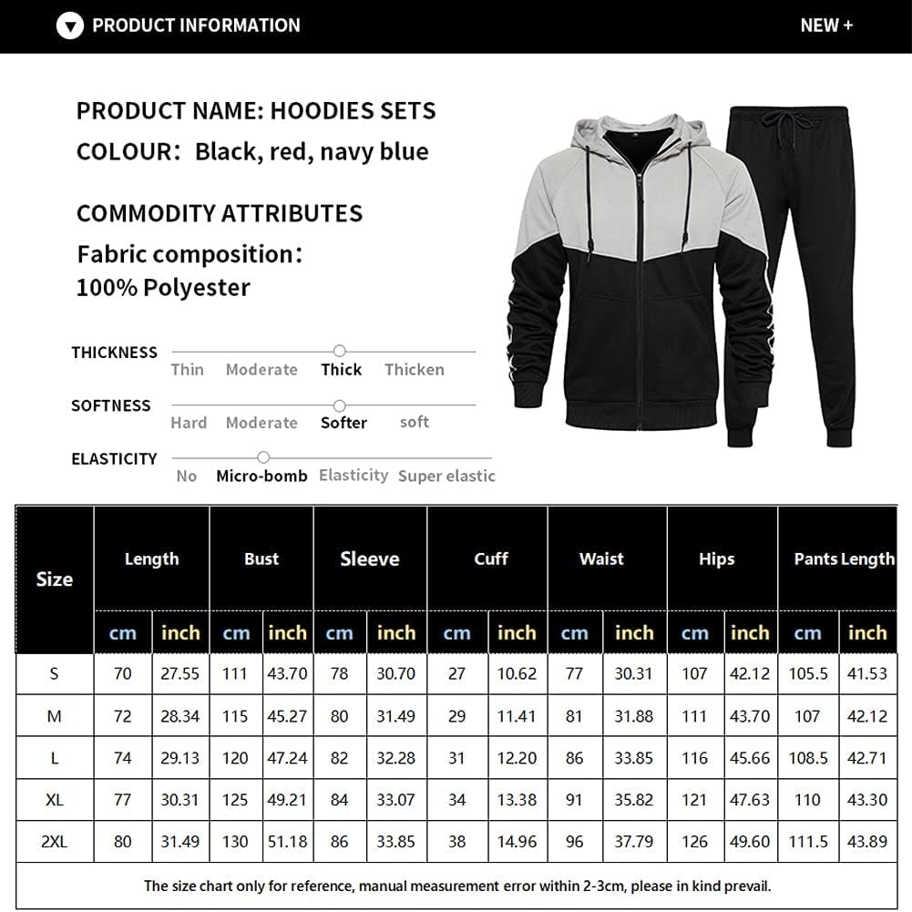 Men'S Hooded Athletic Tracksuit Sweatsuit Long Sleeve Full-Zip Jogging Sweatpants 2 Piece Patchwork Sportsuits