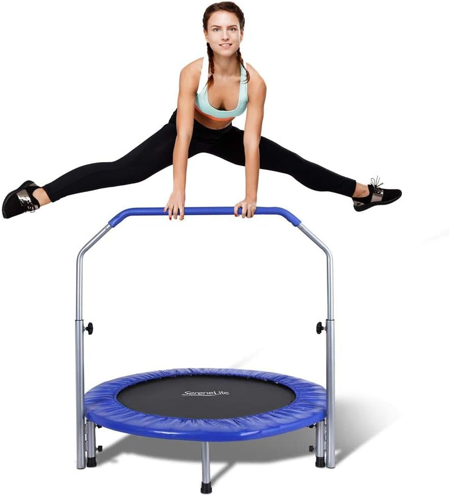 Portable & Foldable Trampoline - 40" In-Home Mini Rebounder with Adjustable Handrail, Fitness Body Exercise - SLSPT409, Blue