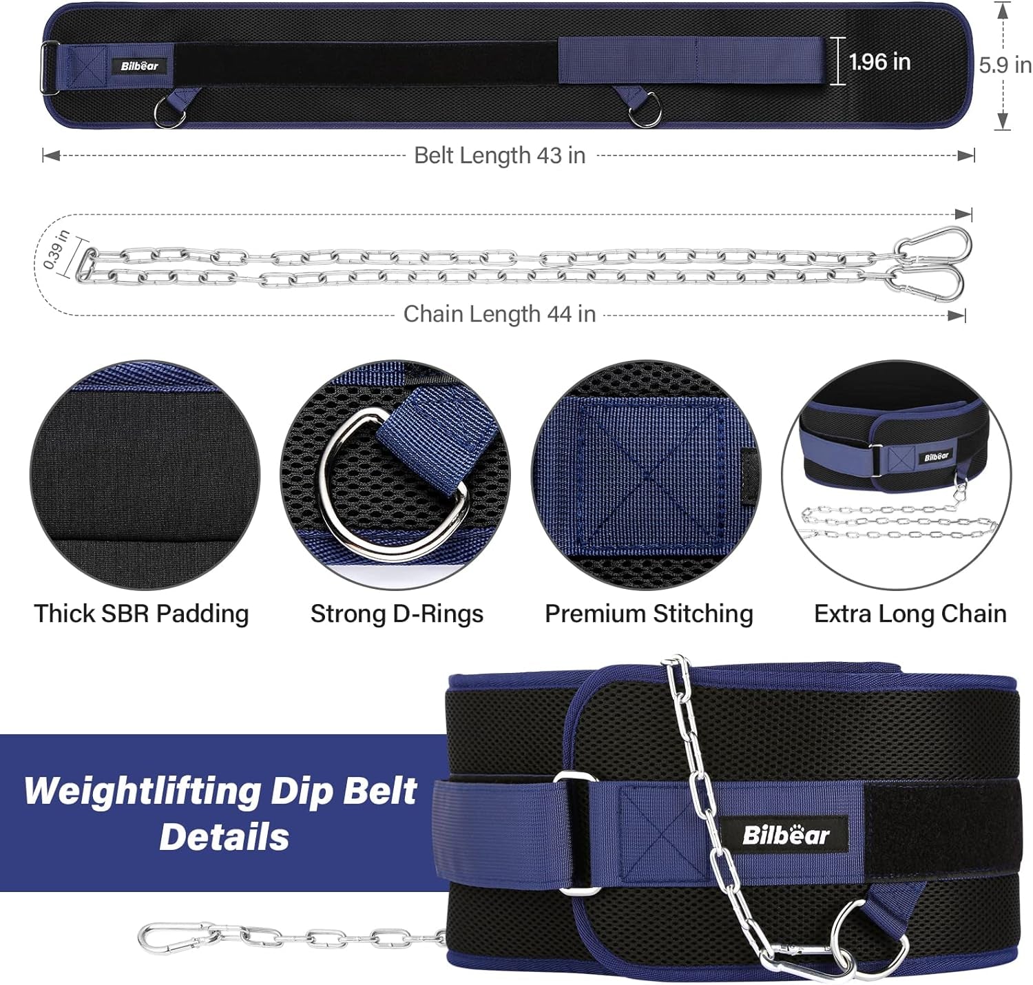 Dip Belt for Weightlifting,Weight Lifting Belt with 39 Inch Strap for Pulls Up, Adjustable 43 Inch Fitness Weight Lifting Strap ,With 45-Angle Rings&2 Snap Hooks, for Gym Bodybuilding,Dips,Squats