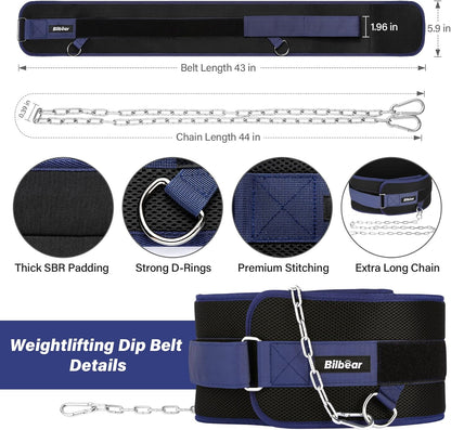 Dip Belt for Weightlifting,Weight Lifting Belt with 39 Inch Strap for Pulls Up, Adjustable 43 Inch Fitness Weight Lifting Strap ,With 45-Angle Rings&2 Snap Hooks, for Gym Bodybuilding,Dips,Squats