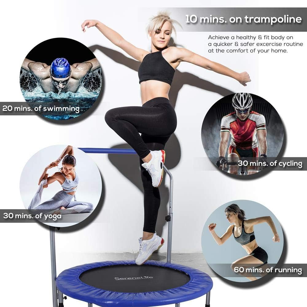 Portable & Foldable Trampoline - 40" In-Home Mini Rebounder with Adjustable Handrail, Fitness Body Exercise - SLSPT409, Blue