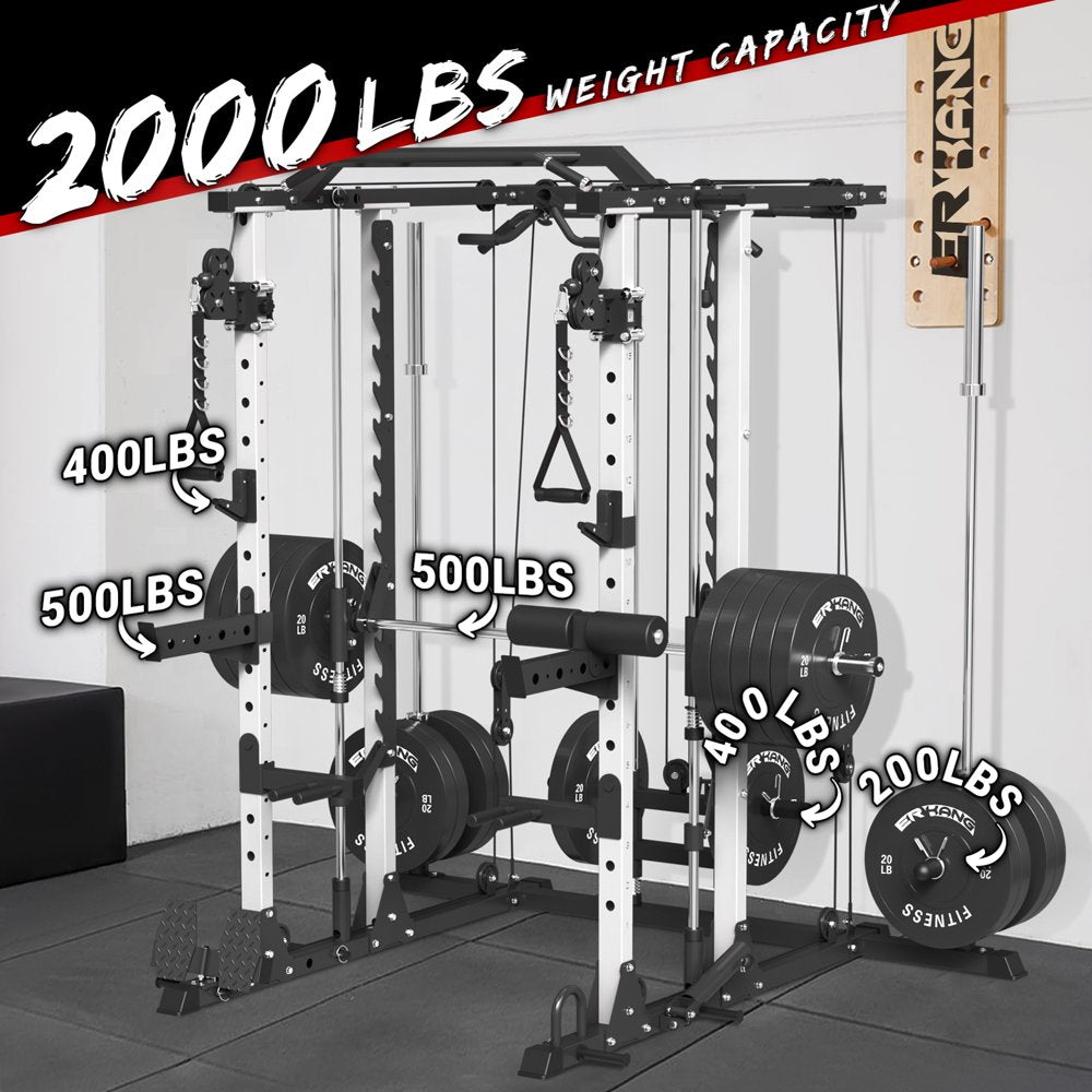 Smith Machine Home Gym, 2000LBS Squat Rack with Cable Crossover System, Multi-Function Workout Machine for Home Gym(2023 Version)