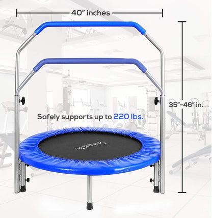 Portable & Foldable Trampoline - 40" In-Home Mini Rebounder with Adjustable Handrail, Fitness Body Exercise - SLSPT409, Blue