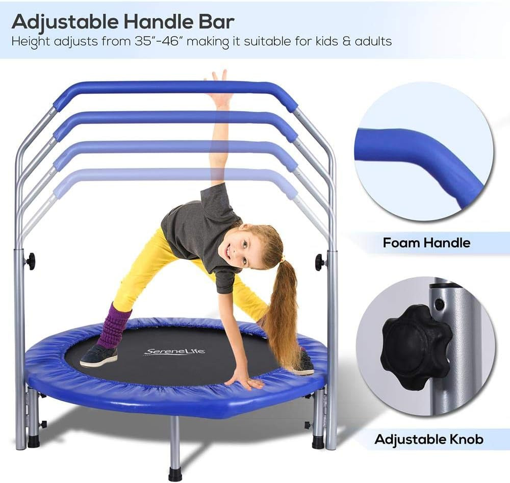 Portable & Foldable Trampoline - 40" In-Home Mini Rebounder with Adjustable Handrail, Fitness Body Exercise - SLSPT409, Blue